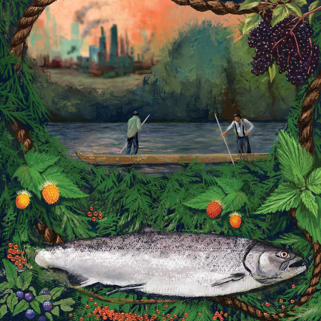 An illustration by Kimberly Saladin that resembles a painting. Below, a large salmon is displayed upon greenery of evergreen forests, surrounded by colorful native berries. Above the fish, two figures stand in a long wooden canoe with long fishing poles. Out of focus, in the distance, is an urban city with sky scrapers. 