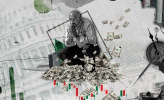 This photo illustration shows a man crouching, hands clasped and pressed to his pensive face, above a pile of $100 bills and red and green bar graphs.