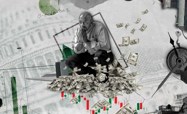 This photo illustration shows a man crouching, hands clasped and pressed to his pensive face, above a pile of $100 bills and red and green bar graphs.