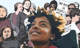 A digital illustration by CK Nosun features the smiling face of a young, black, wheelchair user with natural hair. Behind this figure is a group of activists for disabled rights, including someone holding a sign reading "No body is disposable."