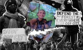 A photo collage by Michael Luong with photographs from the Stop Cop City protest in Atlanta. A color photo of Manuel Paez Terán, who was killed by police, is flanked by two black and white photos of other activists with their faces covered. One holds a sign that says “Stop Cop City.” The other holds a sign that says “Defend the forest everywhere. Stop Cop City.”