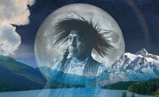 Photocollage of indigenous man over a lake and mountain landscape.