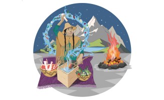 An illustration shows an Indigenous person with two long black braids, seated wearing a tan robe and triangular hat. The person's arm is raised, holding a spoon as water circles around them, containing elements of a bone broth soup. In front of the person is a cedar bentwood box, and two bowl, one containing herbs, another containing meat and bones. To their left is a fire pit, and a grey, snow-capped mountain with a lake at its base is visible in the distance.