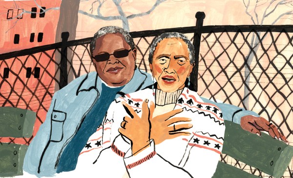 An illustration shows an older same-sex couple, both of whom are people of color, seated on a park bench. One partner wears a blue shirt and denim jacket, and has an arm draped over the shoulder of their partner, who wears a white patterned sweater.