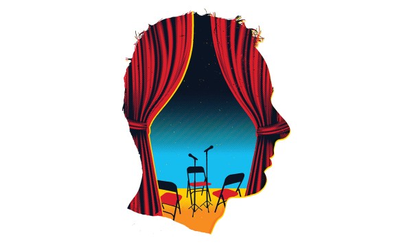 A photo illustration in the shape of a human head shows red theatre curtains, parted to show three folding chairs and two microphones on a stage.