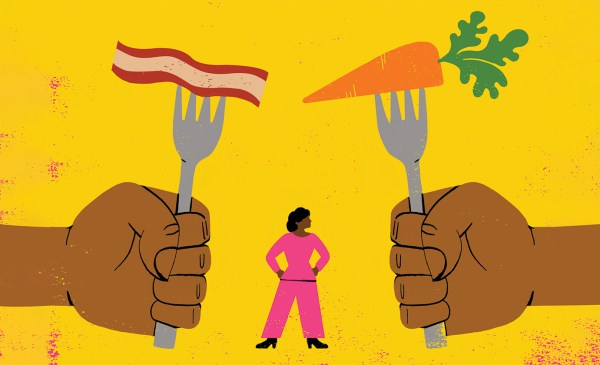 Two large illustrated hands each hold a fork, one with a slice of bacon and the other with a carrot, as a miniature person in a pink jumpsuit stands between them.