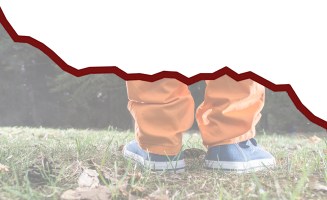 An infographic graphic showing blue sneakers and orange trunks cut by the the chart line.