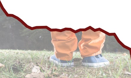 An infographic graphic showing blue sneakers and orange trunks cut by the the chart line.