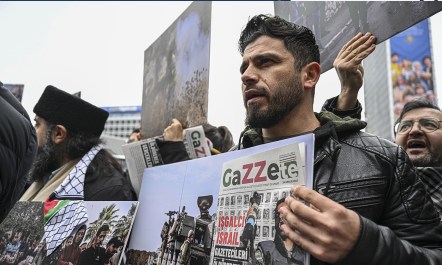 In Ankara, Turkey, people carry pictures of the journalists killed in Israeli attacks on Gaza. The commemoration was organized by Ankara Palestine Solidarity Platform, for Working Journalists’ Day on Jan. 10, 2024.