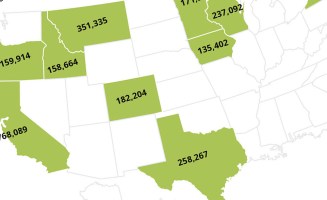 An image showing map of US with green background and numbers over the states.