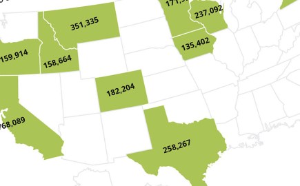 An image showing map of US with green background and numbers over the states.