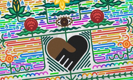 a colorful illustration that features a black and brown hand forming a central heart as colorful, garden-like images surround it