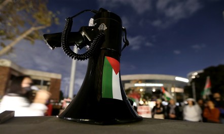 A photo of student protests, detail on megaphone with the Palestinian flag over it.